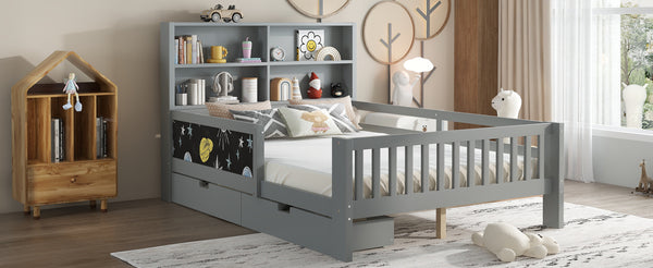 English Elm Full Solid Wood Platform Bed with Chalkboard Headboard, Storage Drawers & Shelves, Kid-Friendly White Gray W1580P362710