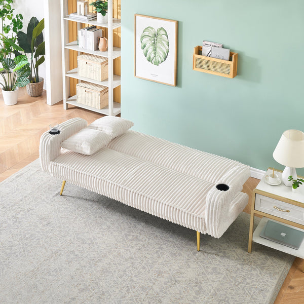 English Elm 74.01 Corduroy Convertible Sofa Bed with 3-Level Recline, Cup Holders, Solid Wood Frame, 500lb Capacity White W1658P252026