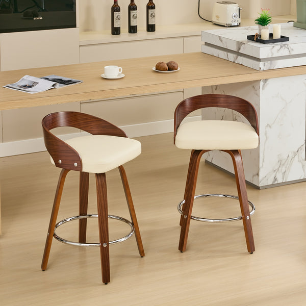 English Elm Bar Stools Set of 2 Mid-century Swivel Walnut Wood Frame with Cushioned Seat Beige W1143P173432
