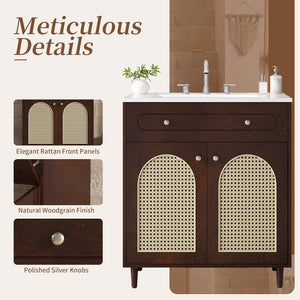 English Elm 30" Rattan Front Bathroom Vanity Solid Pine Cabinet with Ceramic Sink and Adjustable Shelf Walnut N710P293988P