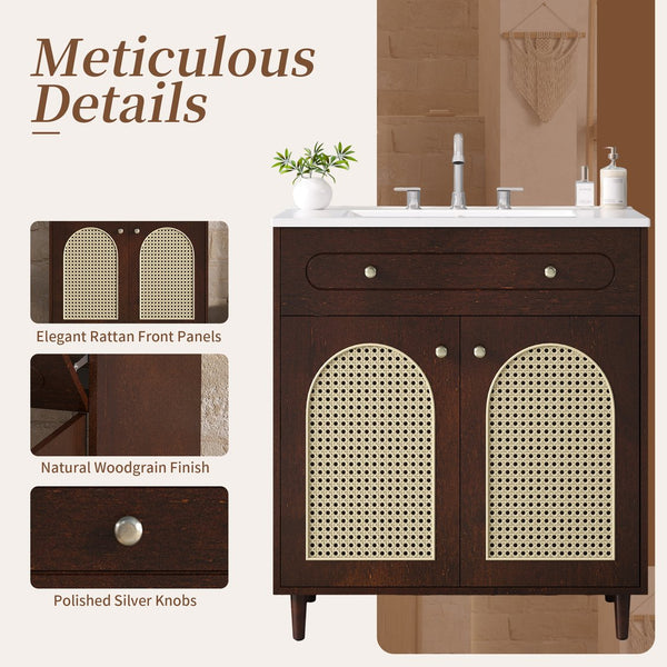 English Elm 30" Rattan Front Bathroom Vanity Solid Pine Cabinet with Ceramic Sink and Adjustable Shelf Walnut N710P293988P