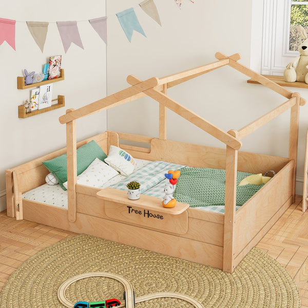 English Elm Twin Low Loft Bed Solid Pine Frame with Built-in Led Lighting and Storage Shelves Natural W1580P396333