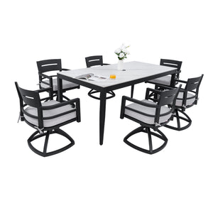 English Elm Modern Outdoor Sintered Stone Dining Set for Six with Swivel Rockers Sunbrella Cushions W1886S00020