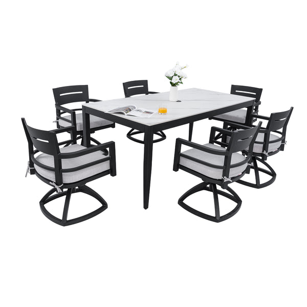 English Elm Modern Outdoor Sintered Stone Dining Set for Six with Swivel Rockers Sunbrella Cushions W1886S00020