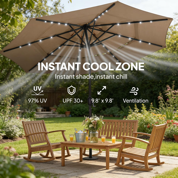 English Elm Garden Cantilever Patio Umbrella with Solar Led Lights and Upf30 Polyester Canopy Khaki T3971P481922