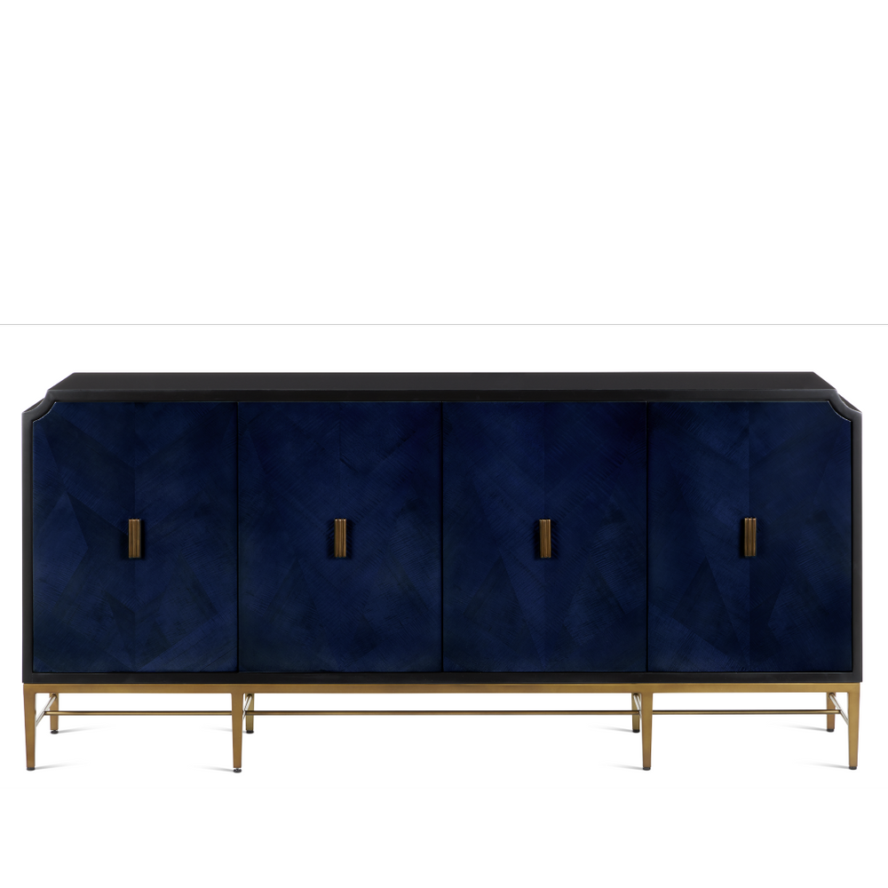 Kallista Blue Credenza - Elegant Dark Sapphire Finish with Antique Brass Accents for Sophisticated Spaces
