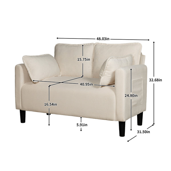 English Elm 48" Corduroy Compact Loveseat with Side Pocket Solid Wood Frame for Small Spaces Beige W2715P409864