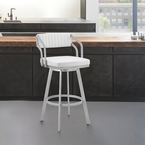 English Elm Orlen 26" Swivel Bar Stool in White Faux Leather with Silver Metal Base, 360° Comfort & Durable B2736P268623