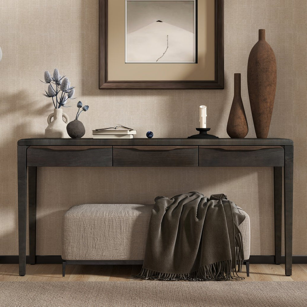 English Elm U_style Oak Veneer Console Table with Three Wave Drawers for Entryway or Foyer Black N711P401926B