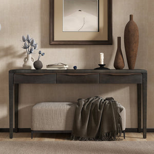 English Elm U_style Oak Veneer Console Table with Three Wave Drawers for Entryway or Foyer Black N711P401926B