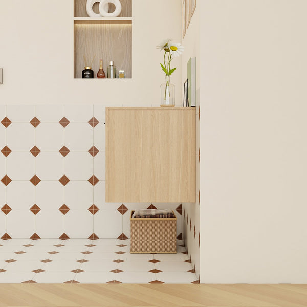 English Elm 12" Wall-mounted Oak Plywood Bathroom Linen Cabinet Slim Floating Single Door Storage W3450P440600