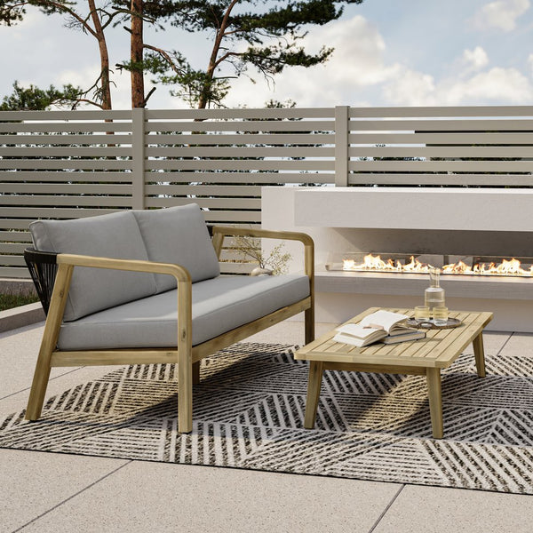 English Elm Palmetto Outdoor Sofa in Stone Grey — Handcrafted Acacia Frame, Weather-Resistant Fabric Cushions, 58" Wide Comfortable Seating B136P159956