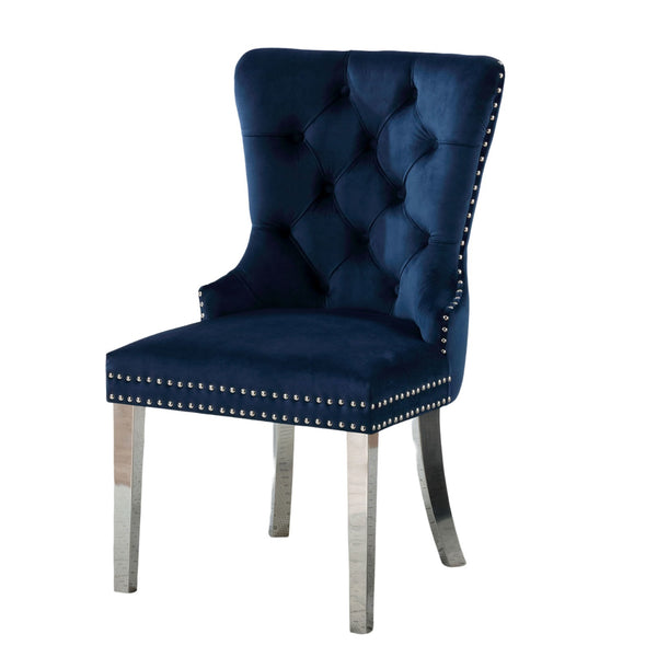 English Elm Contemporary Elegant Flannelette Wingback Dining Chair Set with Button Tufting, Nailhead Trim & Chrome Legs Blue 32 L x 26 W x 23 H B011P208975