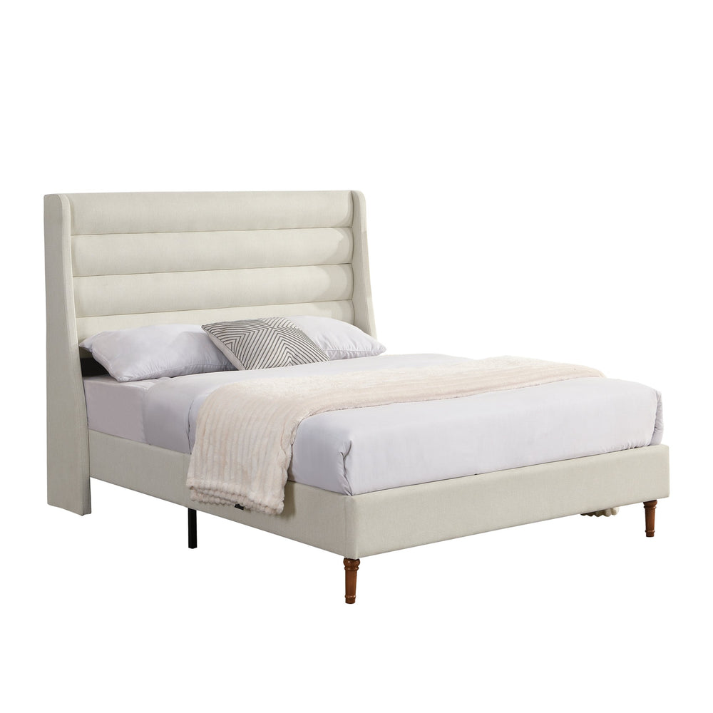 English Elm Queen Chenille Platform Bed with Wave Headboard, Noise-Free EVA Foam, Solid Wood, Ivory Finish W1716P362409