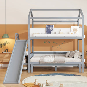 English Elm House-shaped Pine Bunk Bed with Built-in Slide Storage Staircase Twin Over Full Kids Frame Grey+White N820S00082E