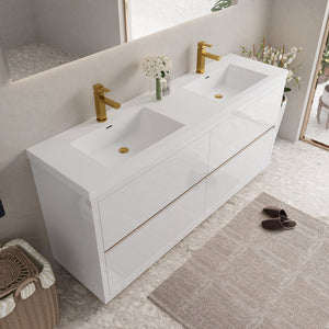 English Elm 72'' Floating Double Vanity Smoked Walnut Fluted Mdf Cabinet with Quartz Basins Glossy White W1920P385564