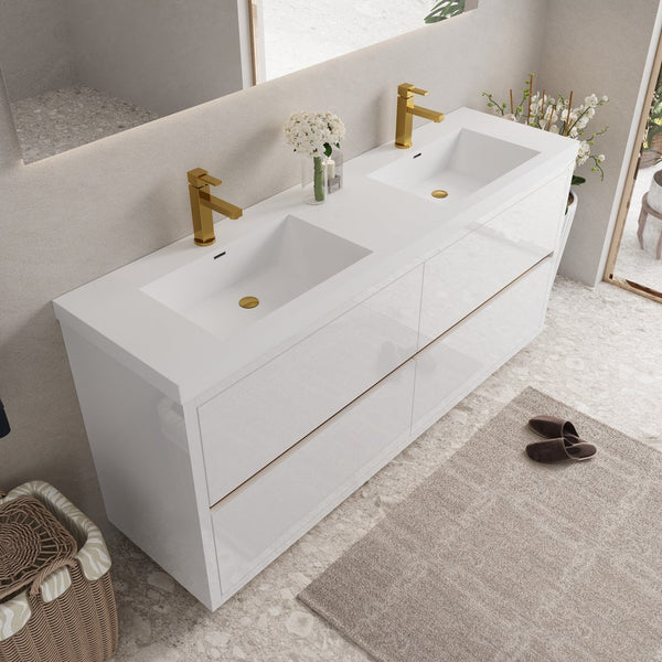 English Elm 72'' Floating Double Vanity Smoked Walnut Fluted Mdf Cabinet with Quartz Basins Glossy White W1920P385564