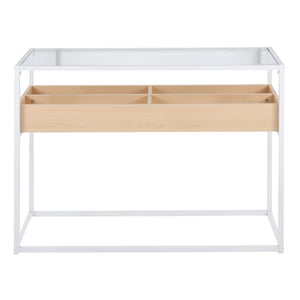 English Elm Contemporary Glass Top Console Table with Matte Black Frame and Wood Storage Natural B202P223379