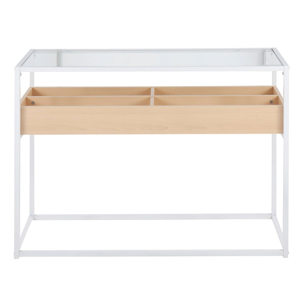 English Elm Contemporary Glass Top Console Table with Matte Black Frame and Wood Storage Natural B202P223379