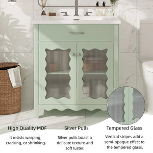 English Elm Christopher Knight Home® - 30 Inch Bathroom Vanity With Tempered Glass Doors, Soft-Close, Modern Green Cabinet & Ceramic Sink N817P299499G