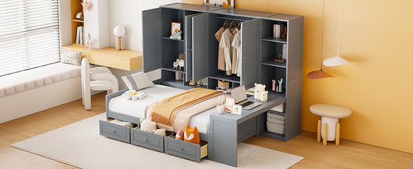 English Elm Full Size Wooden Daybed With Desk, Drawers, Shelves – Stylish Space-Saving Solution In Gray! N820S00055E