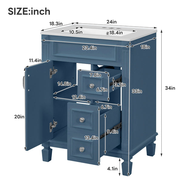English Elm 24" French Inspired Bathroom Vanity with Ceramic Basin Soft Close Cabinet and 2 Drawers N710P318989C