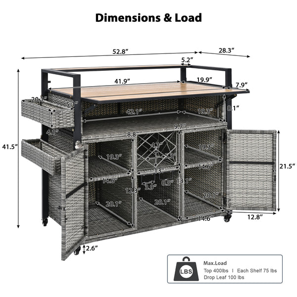 English Elm K&K Wicker Outdoor Grill Cart with Foldable Drop Leaf, Locking Wheels, Wine Rack & Ample Storage Grey N707P233747G