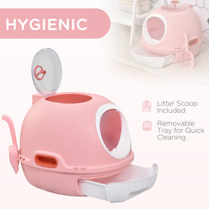 English Elm PawHut Space Capsule Covered Cat Litter Box with Removable Tray, Front Door Access & Odor Control Pink W2225P229457