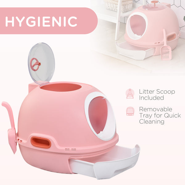 English Elm PawHut Space Capsule Covered Cat Litter Box with Removable Tray, Front Door Access & Odor Control Pink W2225P229457