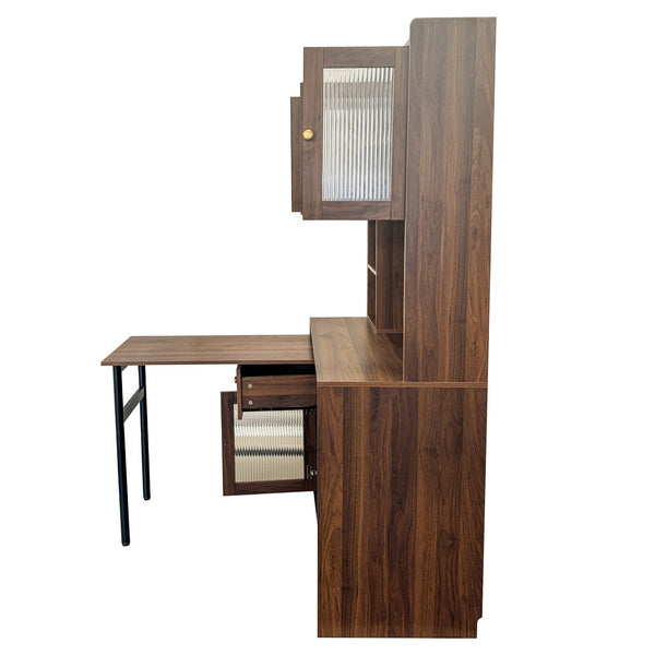 English Elm Computer Desk with Glass Doors, Hutch & Drawer Storage, Rotating 90° Desktop and Spacious Work Surface Walnut W331S00195