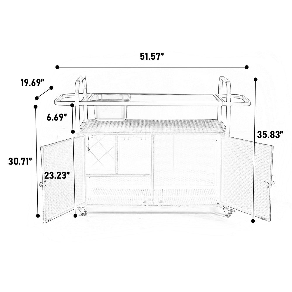 English Elm Outdoor Bar Table Wicker Bar Cart with Cabinet, Weatherproof Steel Top, Locking Wheels & Side Basket for Patio Entertainment Black W640P253277