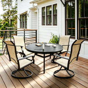 English Elm Outdoor Round Dining Set for Four with Mesh Swivel Chairs and Umbrella Hole Table W213S00058