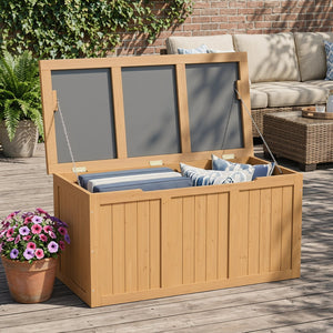English Elm 67 Gallon Solid Wood Outdoor Deck Box with Hinged Lid Doubles as Patio Bench Seat W2640P327217