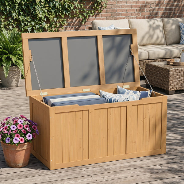 English Elm 67 Gallon Solid Wood Outdoor Deck Box with Hinged Lid Doubles as Patio Bench Seat W2640P327217