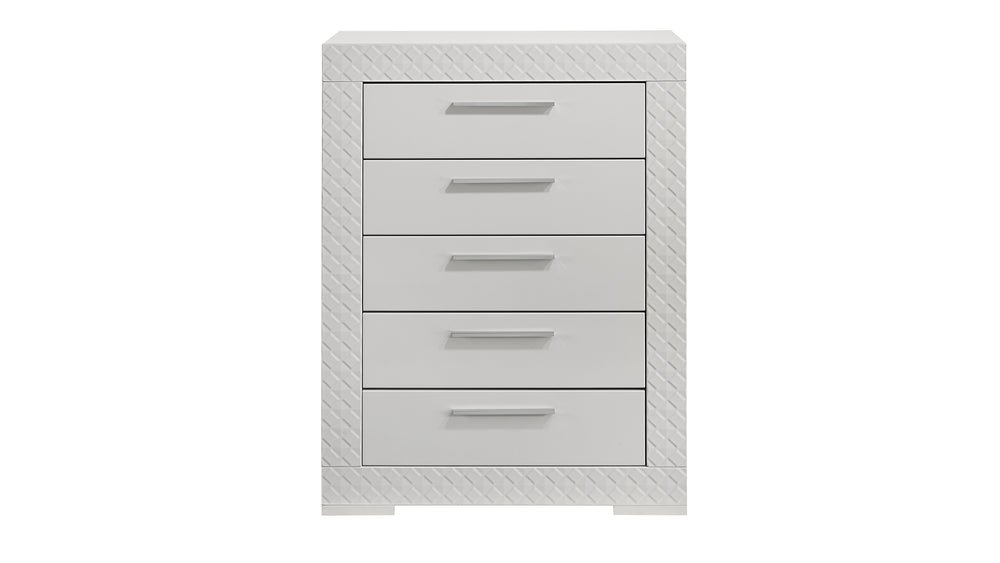 English Elm Blanca Modern 5-Drawer Chest In White Lacquer With Quilted Panels For Stylish Bedroom Storage Solutions B009P243272