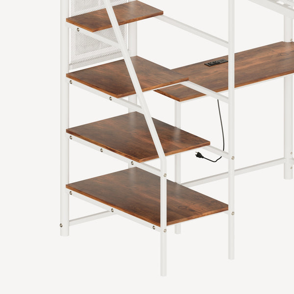 English Elm Black Metal Loft Bed with Built-in Desk Rgb Led Lighting and Charging Station White W1671S00005