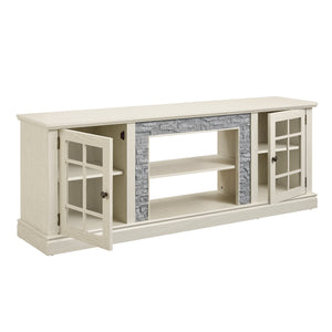English Elm 70" Modern TV Stand with Faux Stone Top, Spacious 2-Door Media Console with Cable Management and Adjustable Shelves, Vintage Metal Handles, Durable MDF Construction for Living Room Entertainment (Fits up to 75") White W2275P342690