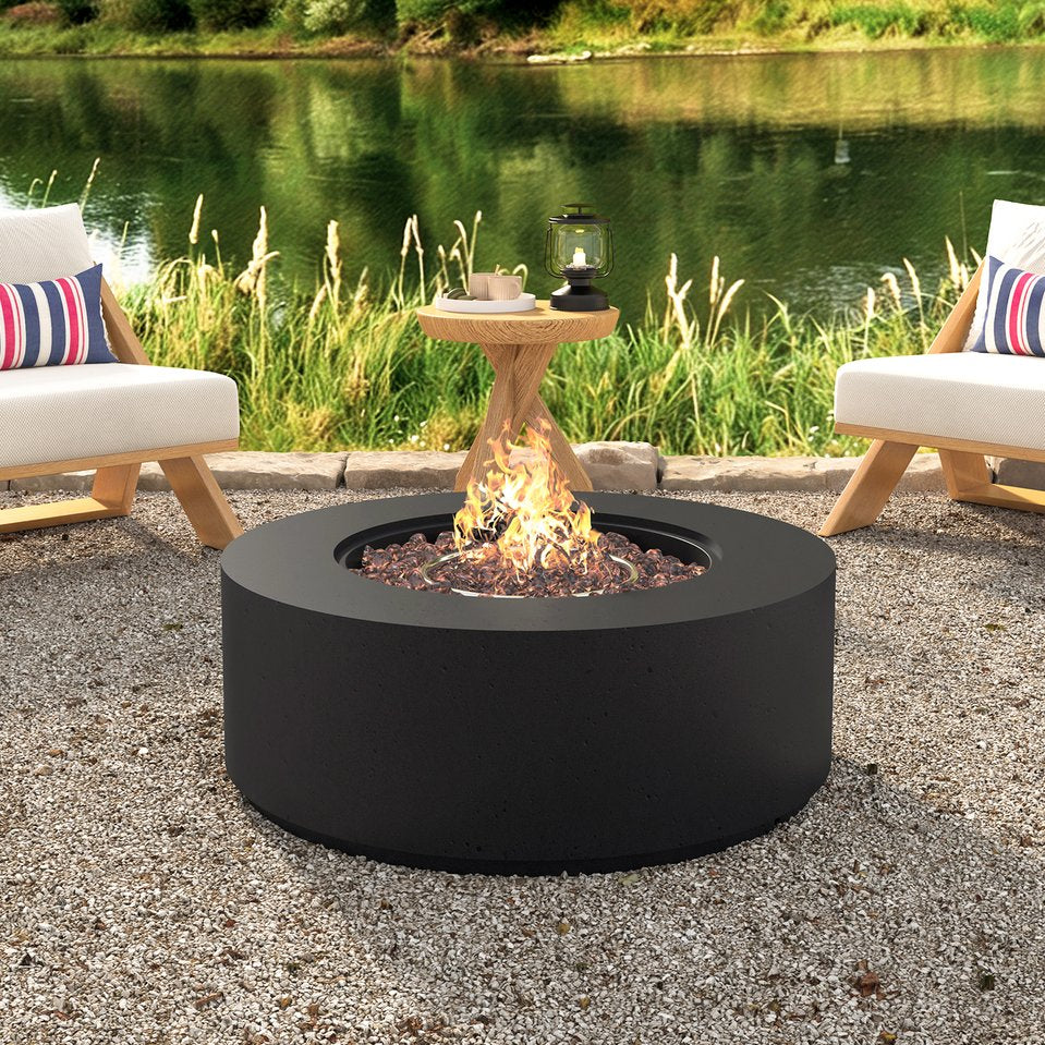 English Elm U_style Round Mgo Propane Fire Pit 50000 Btu Sculptural Outdoor Patio Table with Lava Rocks Black N711P410554B