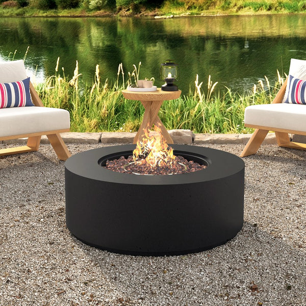 English Elm U_style Round Mgo Propane Fire Pit 50000 Btu Sculptural Outdoor Patio Table with Lava Rocks Black N711P410554B
