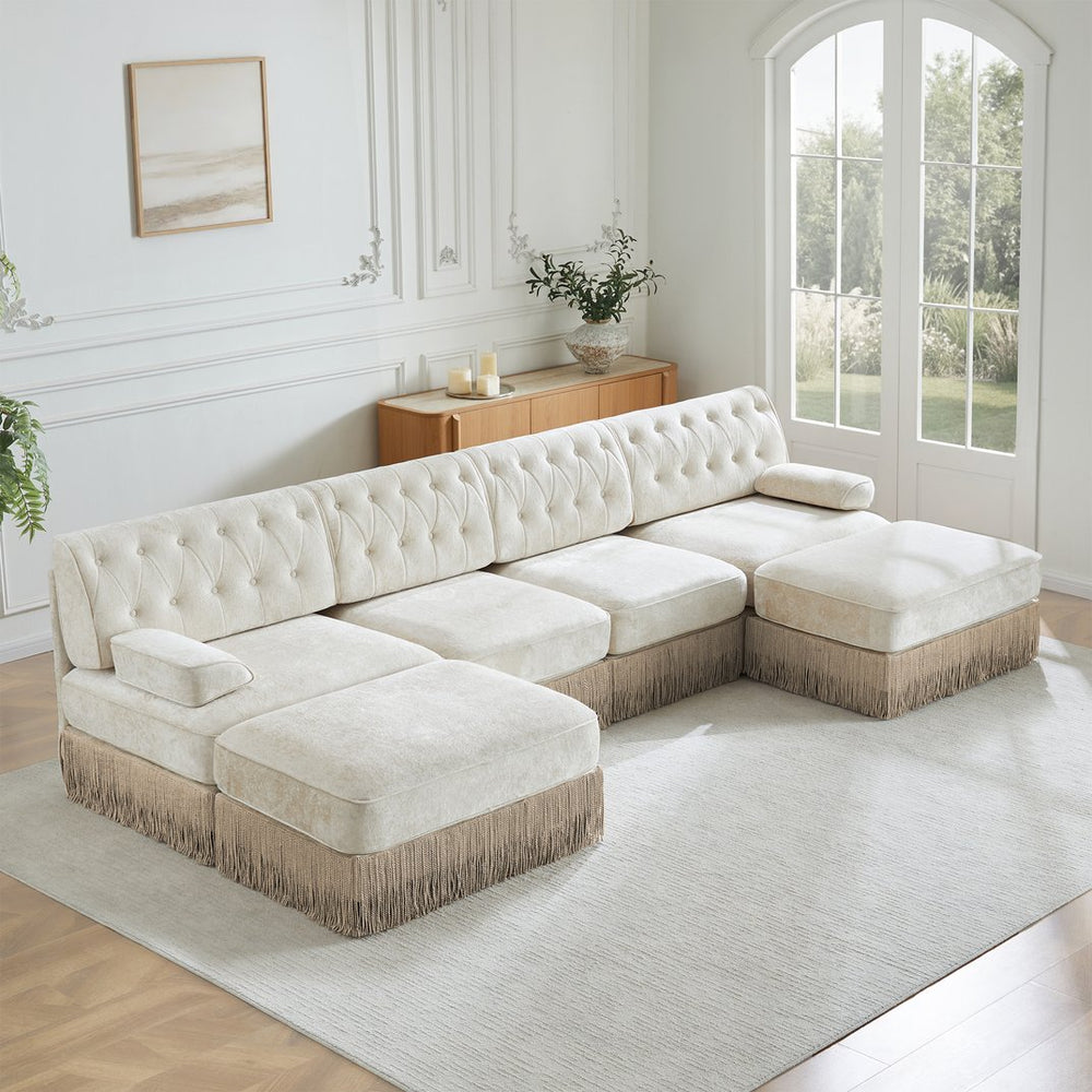 English Elm 4-seater Cloud Sectional with Ottomans Button Tufted Fleece Tassel Skirt Sofa W714S01690