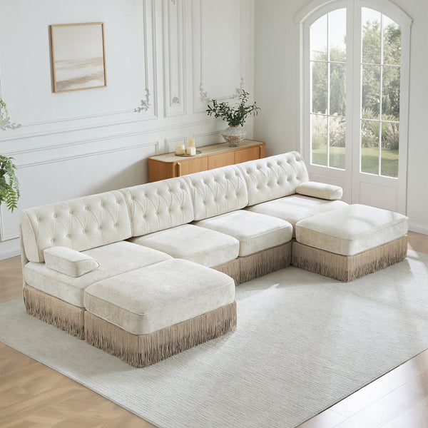English Elm 4-seater Cloud Sectional with Ottomans Button Tufted Fleece Tassel Skirt Sofa W714S01690