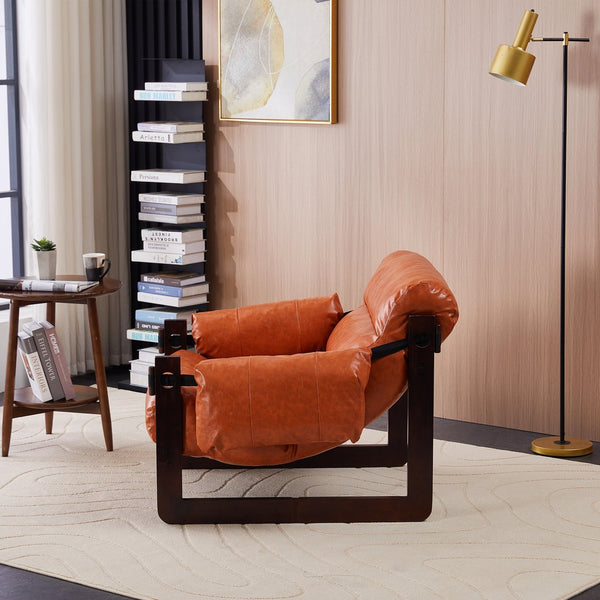 English Elm Medieval premium lounge chair with oil-waxed leather, removable cushion, mortise & tenon frame stability Retro Orange W2989P328541