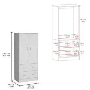 English Elm Taly Spacious Armoire with Double Doors, Two Drawers & Hanging Rod — Tall Laminate Storage Cabinet White 35.4 L x 23.6 W x 5.9 H B200S00373