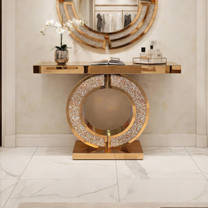 English Elm Mirrored Console Table with Diamond Inlay Double O Base Glam Entryway Accent Brown W3836P420881