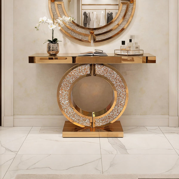 English Elm Mirrored Console Table with Diamond Inlay Double O Base Glam Entryway Accent Brown W3836P420881
