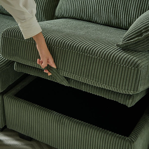 English Elm 113.5'' Modular Sectional Sofa with Storage Ottoman, Convertible U or L Shape Sleeper for 6 Seats Green W834S00251