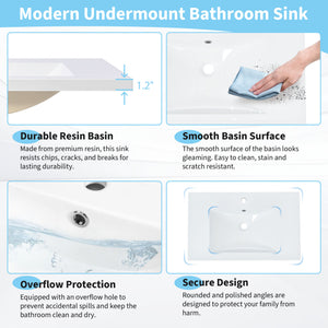 English Elm [Sink 30x18 Inch Resin Bathroom Vanity Basin with Overflow & Single Faucet Hole, Durable White Countertop WF311024AAA