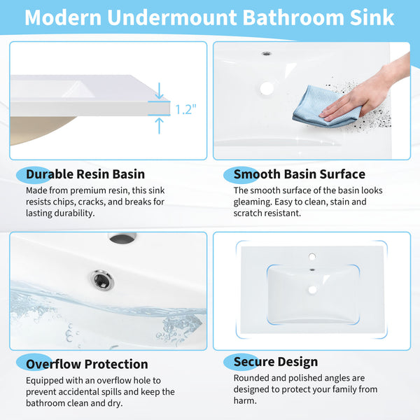 English Elm [Sink 30x18 Inch Resin Bathroom Vanity Basin with Overflow & Single Faucet Hole, Durable White Countertop WF311024AAA