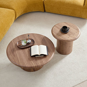 English Elm 2-piece Nesting Round Coffee Table Set Wood Veneer Sculptural Living Room Accent Walnut W2582S00184