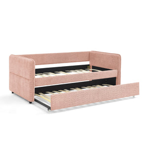 English Elm Daybed Boucle Upholstered Tufted Twin Trundle Sofa for Guest Bedroom Studio Lounge Pink W1413S00172